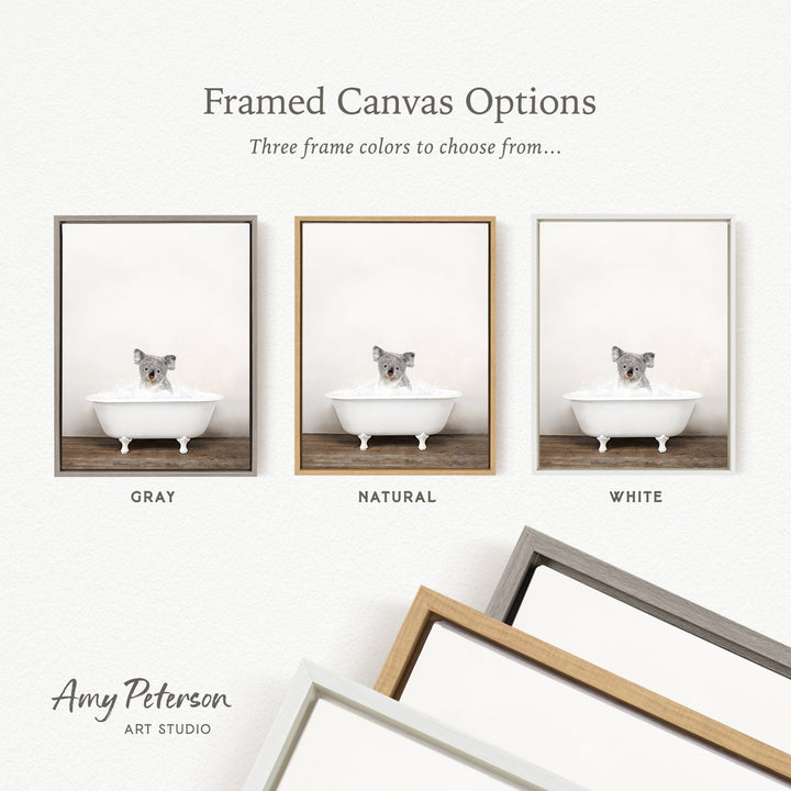 three framed canvas options, each featuring a koala sitting in a bathtub. The options include a gray frame, a natural frame, and a white frame.