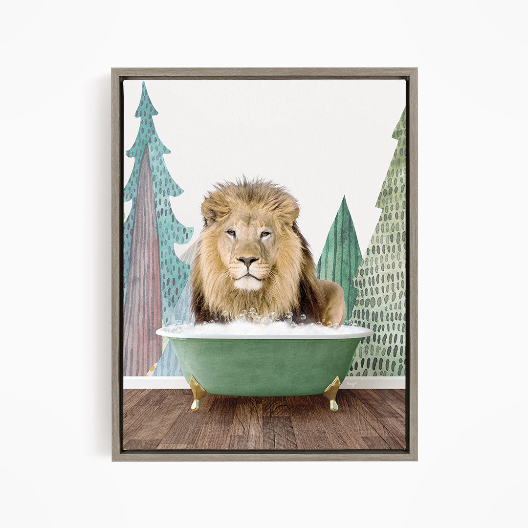 A lion is sitting in a green bathtub, surrounded by trees and a forest-like background.