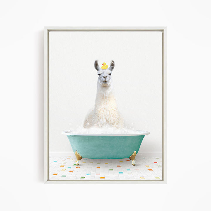 A white llama sitting in a green bathtub filled with bubbles, with a yellow rubber duck floating on top.