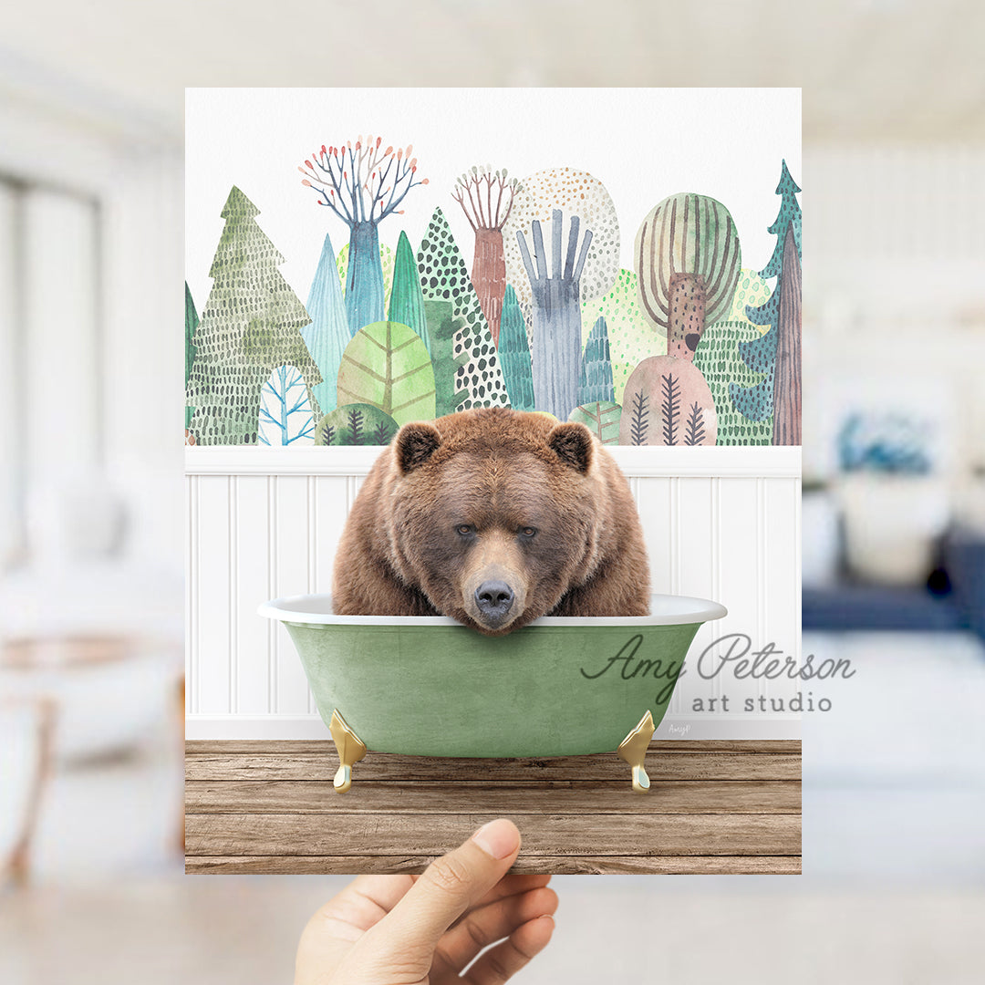 a hand holding up a card with a bear in a bowl