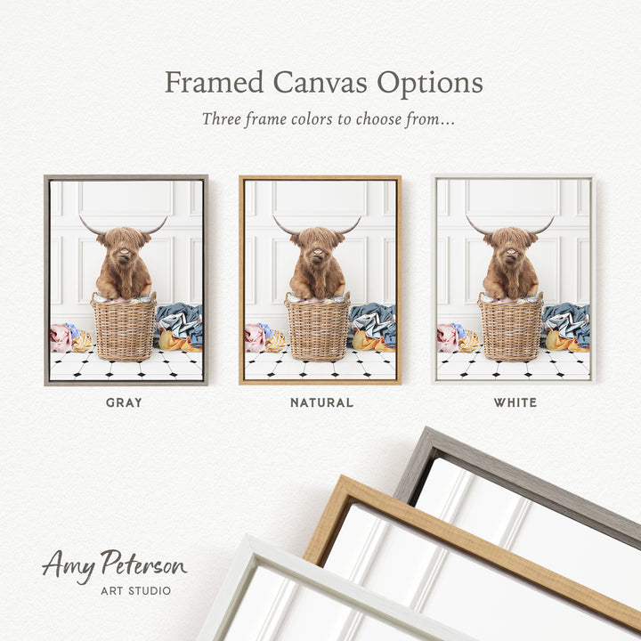 three framed canvas options, each featuring a brown cow with horns sitting in a basket. The options include a gray, a natural, and a white frame.
