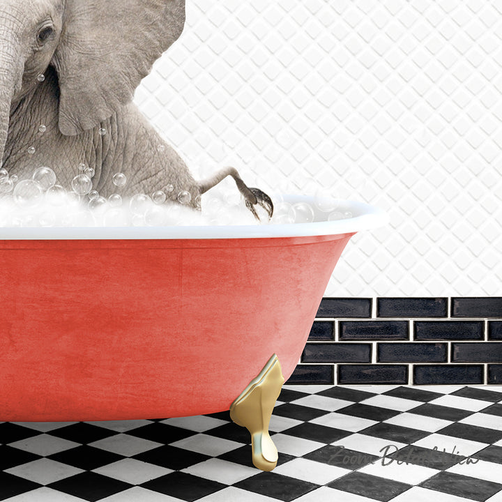 A large elephant is sitting in a red bathtub filled with bubbles, surrounded by a black and white checkered floor.