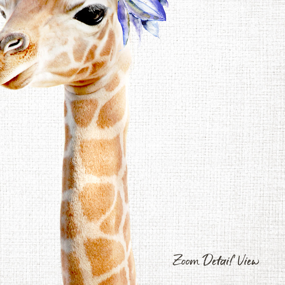 A close-up of a giraffe's head and neck, with a flower in its ear, against a plain white background.