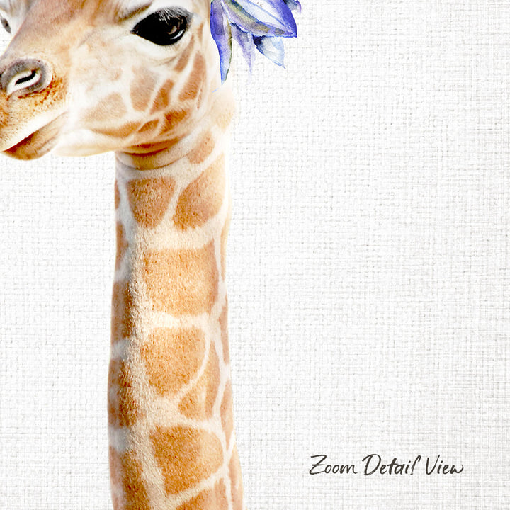 A close-up of a giraffe's head and neck, with a flower in its ear, against a plain white background.