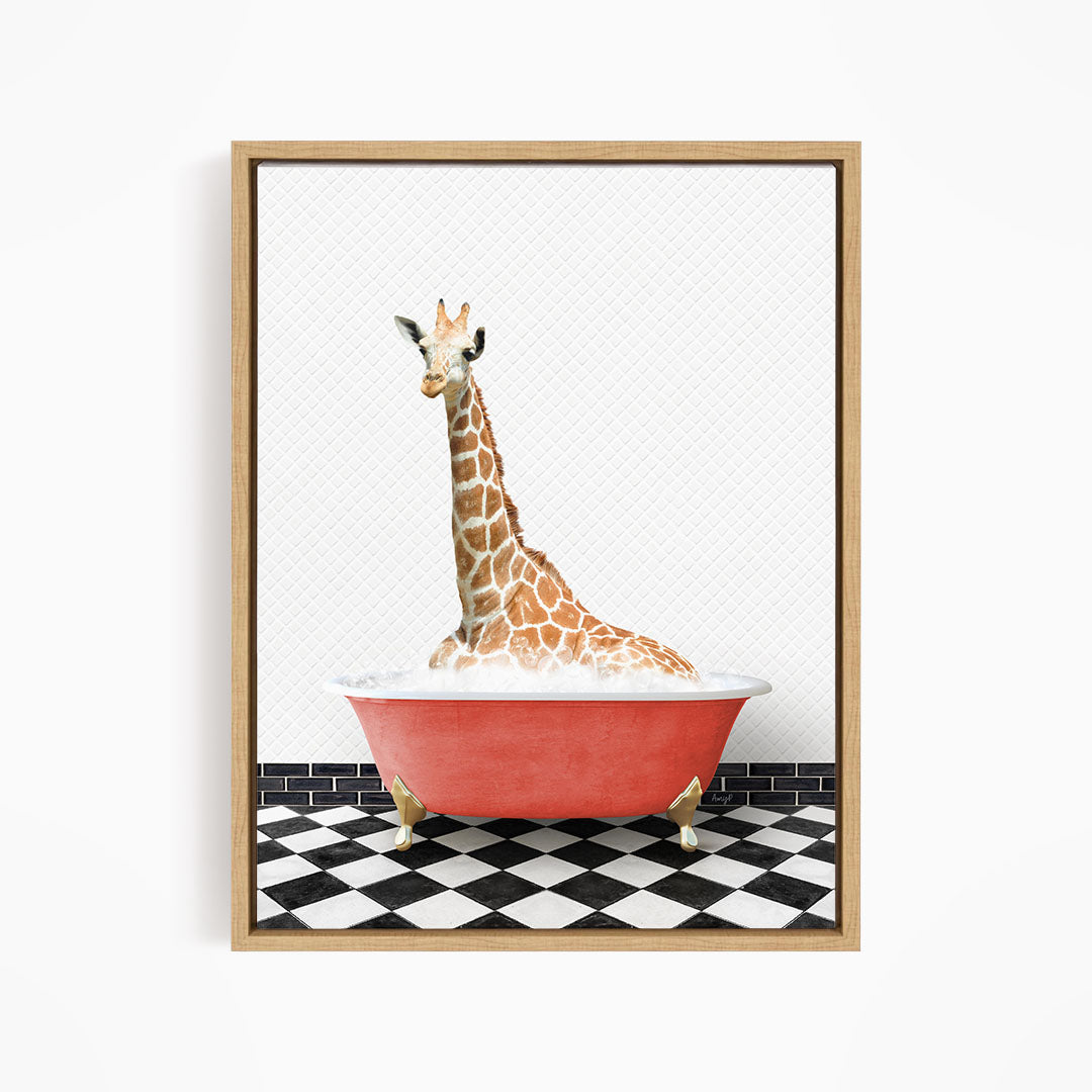 A giraffe sitting in a red bathtub on a black and white checkered floor.