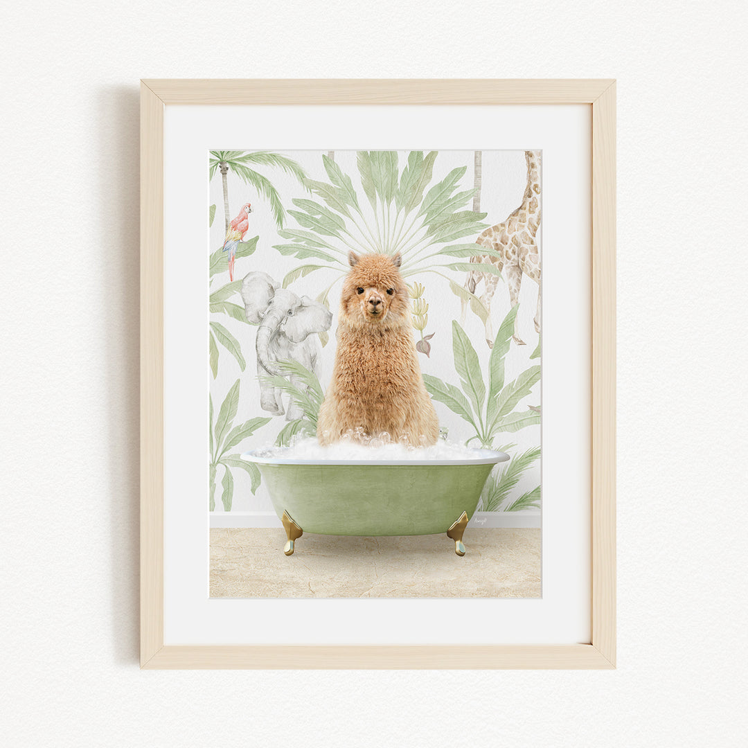 A small brown dog is sitting in a green bathtub, surrounded by a tropical wallpaper with various animals and plants.
