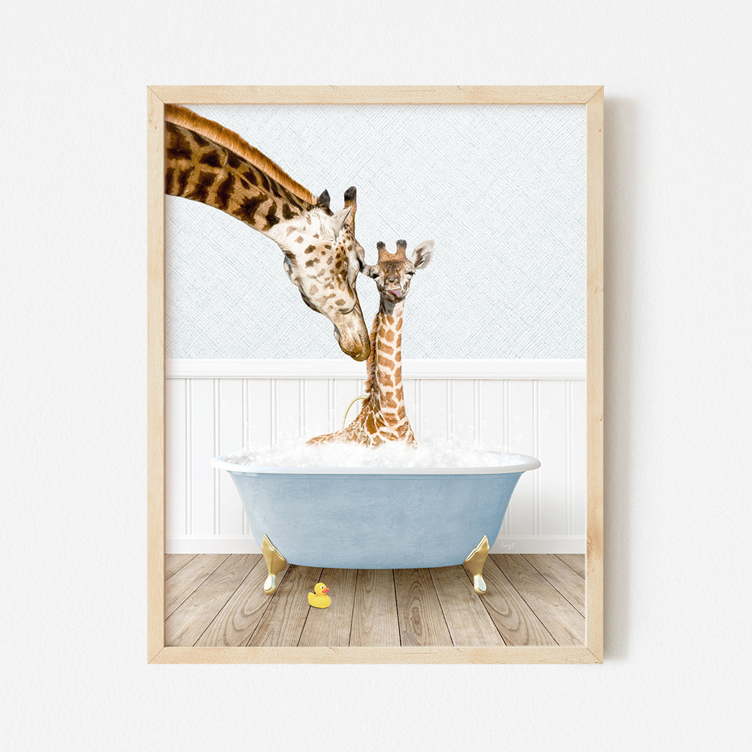 a picture of a giraffe and a baby giraffe in a bath