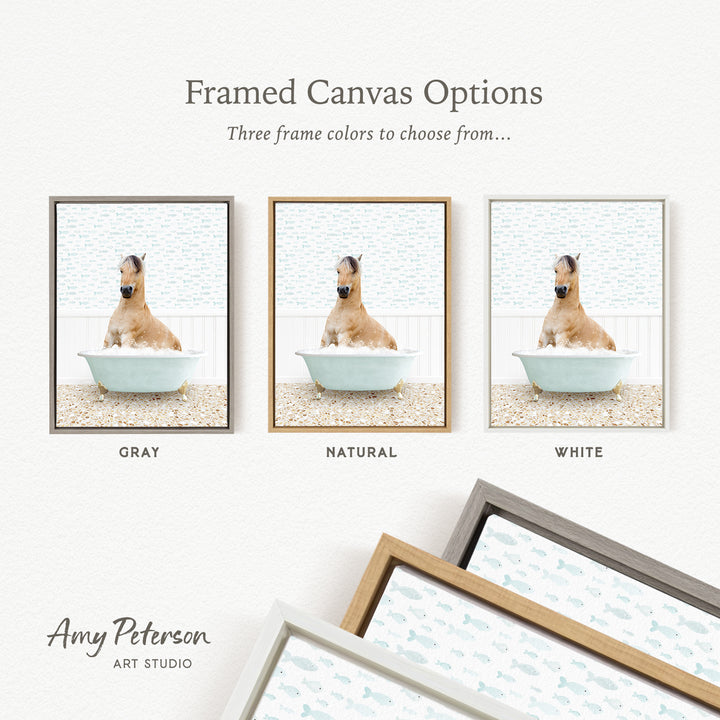 three framed canvas options, each featuring a dog sitting in a bathtub. The options include a gray frame, a natural frame, and a white frame. The text above the images reads " Framed Canvas Options" and "Three frame colors to choose from...".