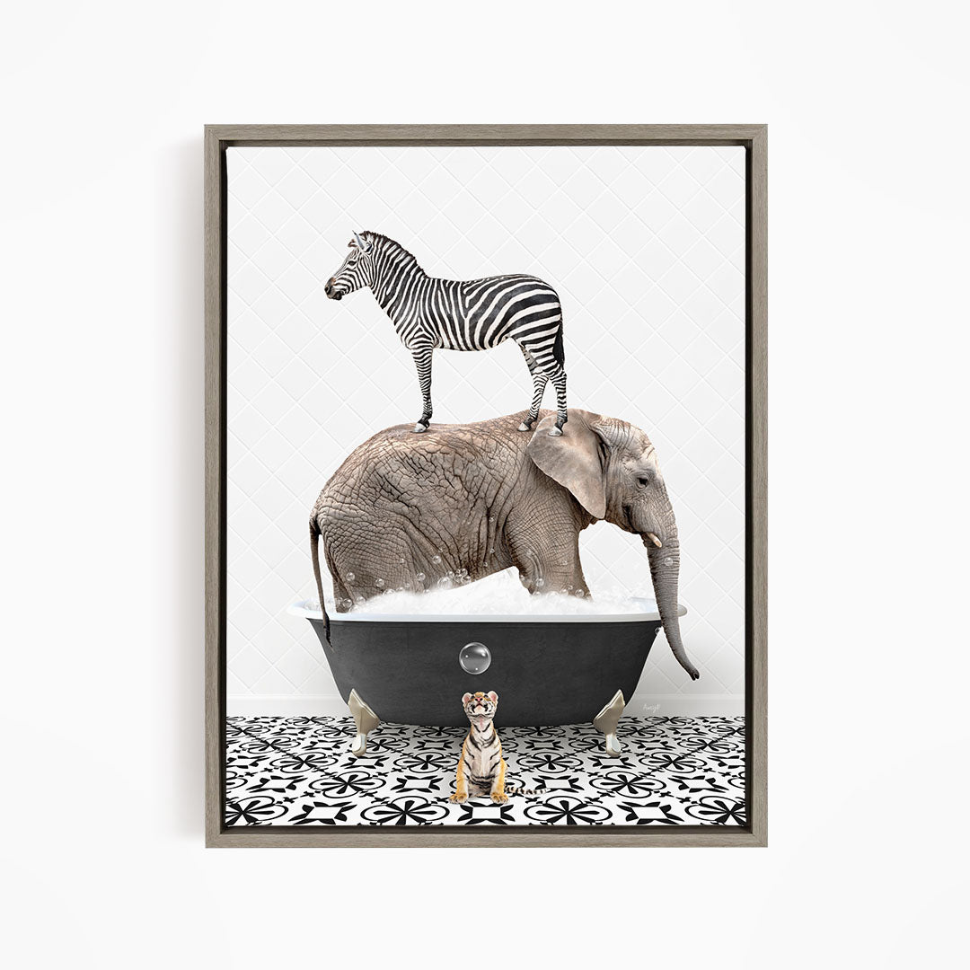 A zebra stands on the back of an elephant, which is submerged in a bathtub, with a small tiger sitting nearby on the floor.