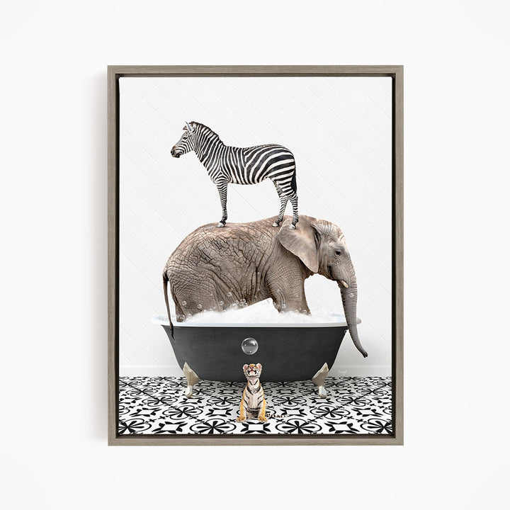 A zebra stands on the back of an elephant, which is submerged in a bathtub, with a small tiger sitting nearby on the floor.