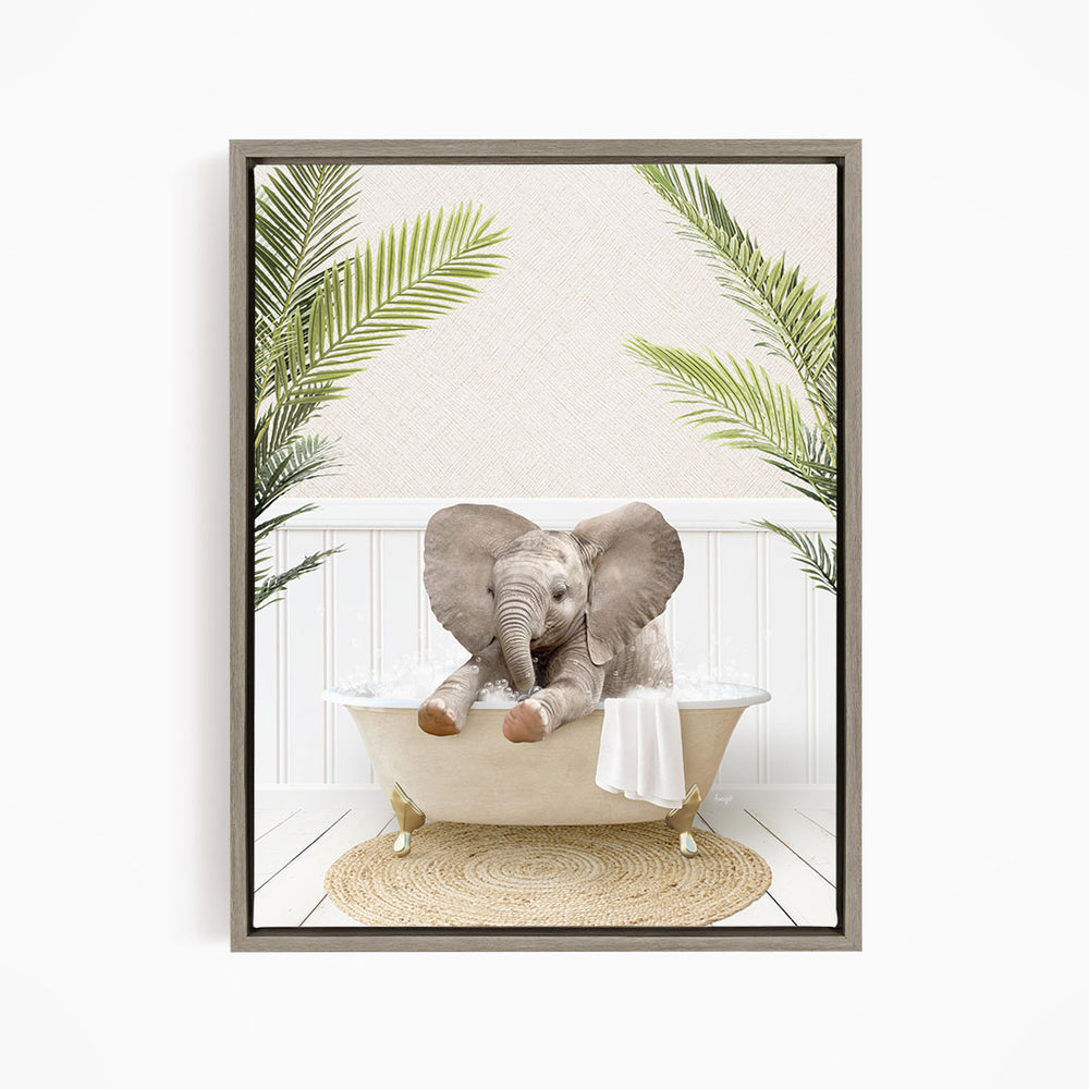 A baby elephant sitting in a bathtub, surrounded by palm leaves, creating a whimsical and playful scene.