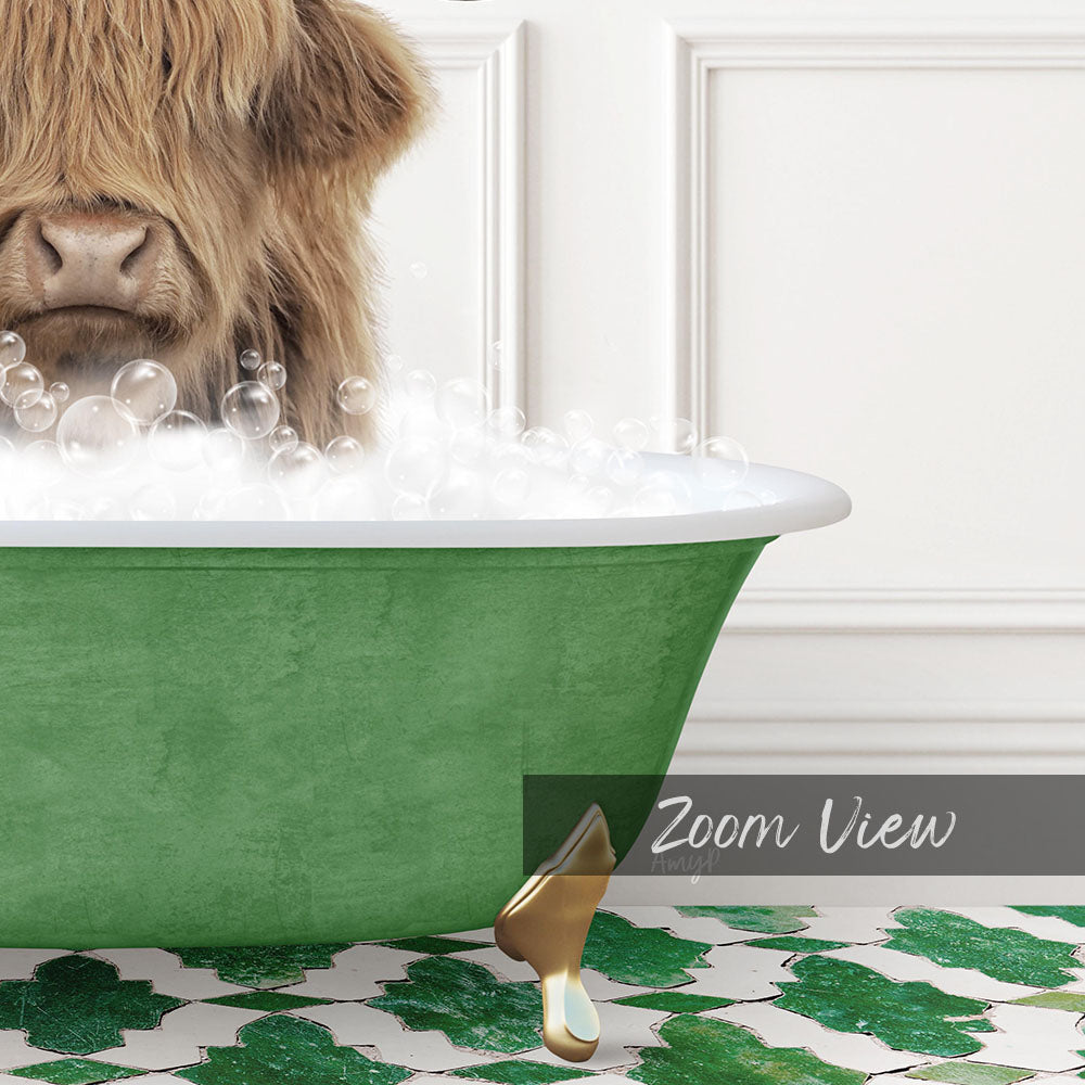 A furry animal, possibly a dog, is sitting in a green bathtub filled with bubbles, with a gold faucet and a white wall in the background.