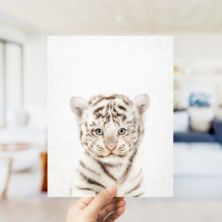 A hand is holding up a framed photograph of a young tiger cub, which is the main focus of the image.