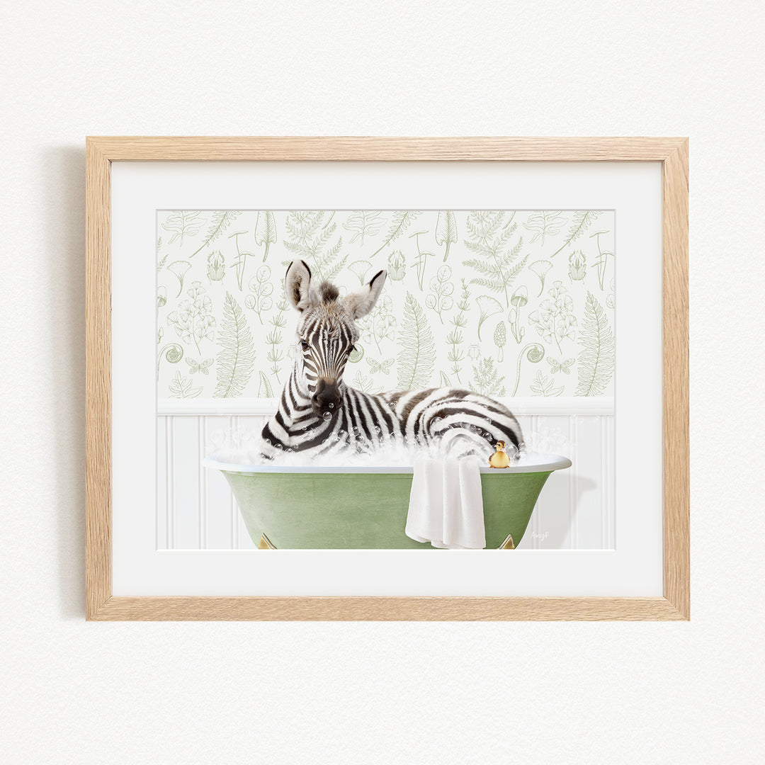 A zebra is sitting in a green bathtub filled with water, surrounded by a white and green floral pattern.