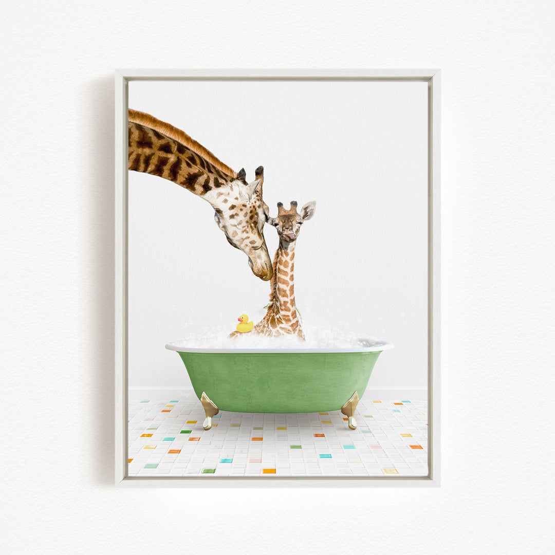 A mother giraffe and her baby giraffe are enjoying a bath together in a green bathtub, with a yellow rubber duck floating in the water.