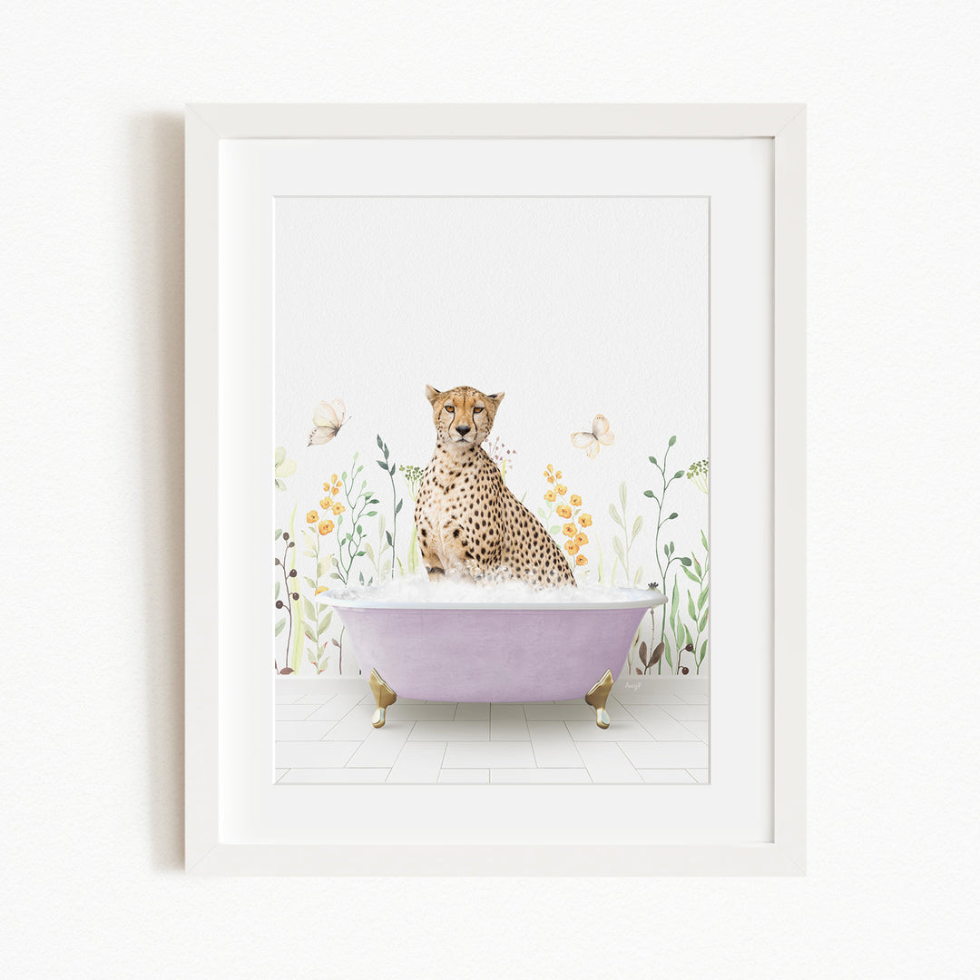 A cheetah sitting in a purple bathtub filled with water, surrounded by flowers and butterflies.
