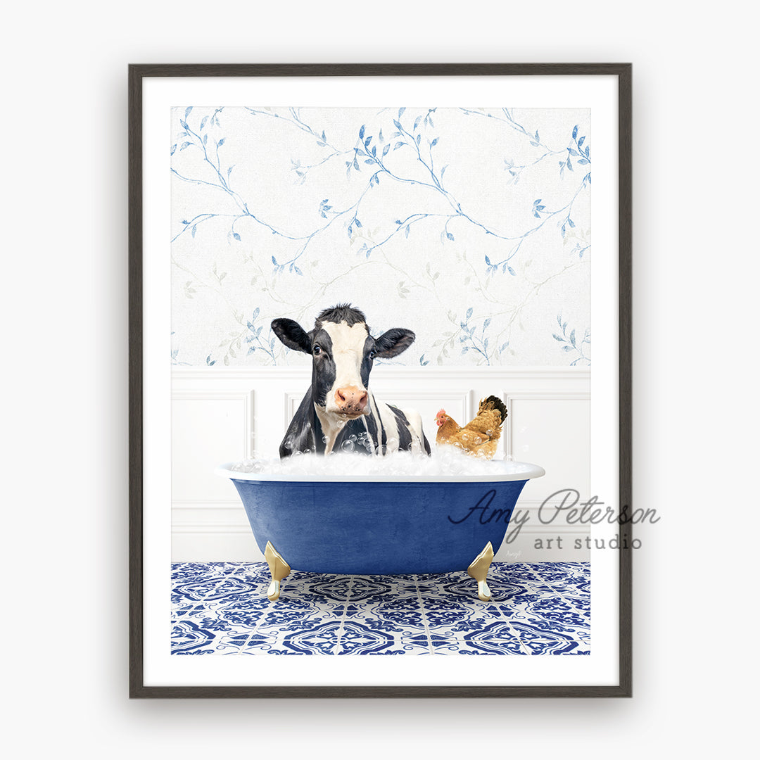 a painting of a cow in a bathtub with two dogs