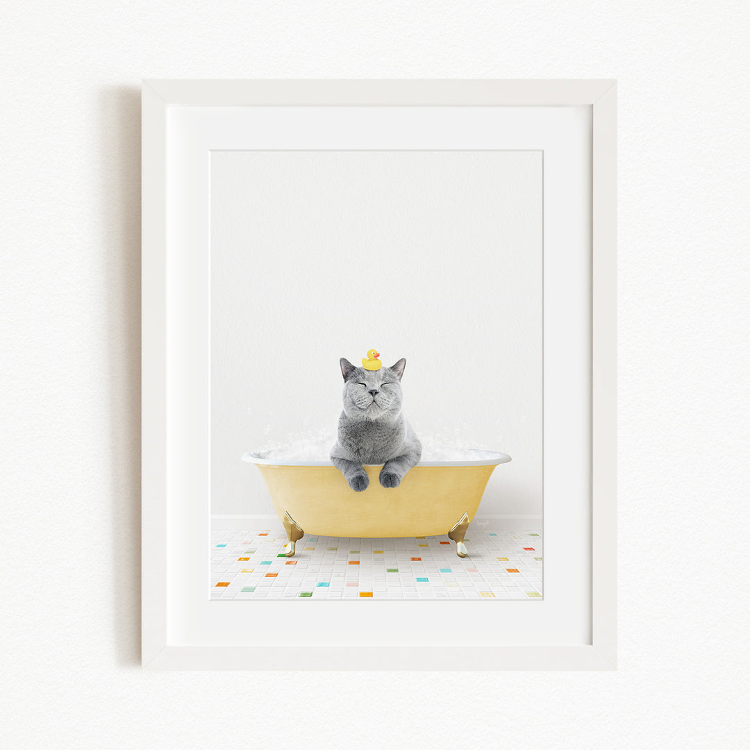 A gray cat sitting in a yellow bathtub, with a rubber duck perched on its head.
