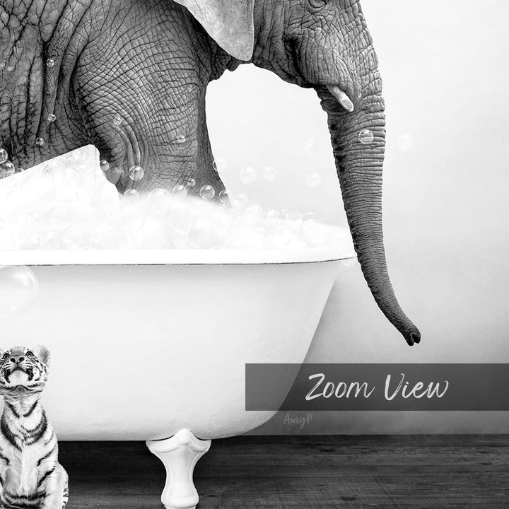 A black and white image showing an elephant standing in a bathtub filled with bubbles, with a tiger sitting next to the elephant.