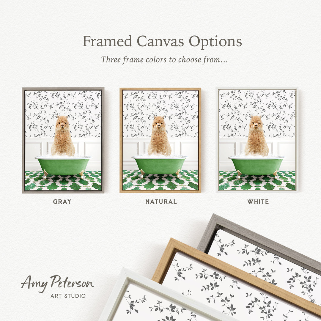 The image is a framed canvas option showcasing three different framed canvas options for a picture of a dog sitting in a bathtub.