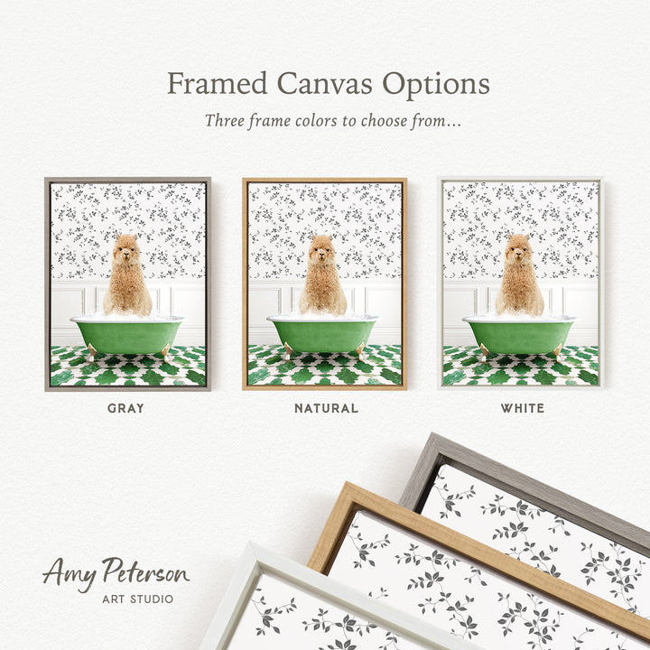 The image is a framed canvas option showcasing three different framed canvas options for a picture of a dog sitting in a bathtub.