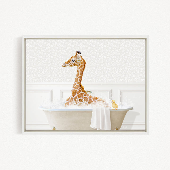 A giraffe sitting in a bathtub filled with water, surrounded by bubbles, with a yellow duck nearby.