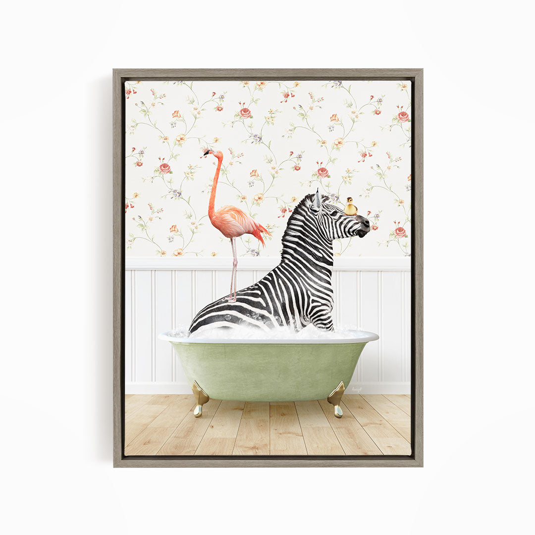 A zebra is sitting in a green bathtub, with a pink flamingo standing on its back legs and a bird perched on its head.