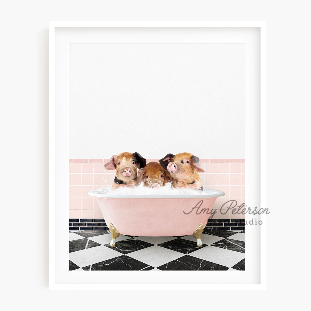 three hamsters in a pink bathtub on a black and white checkered floor