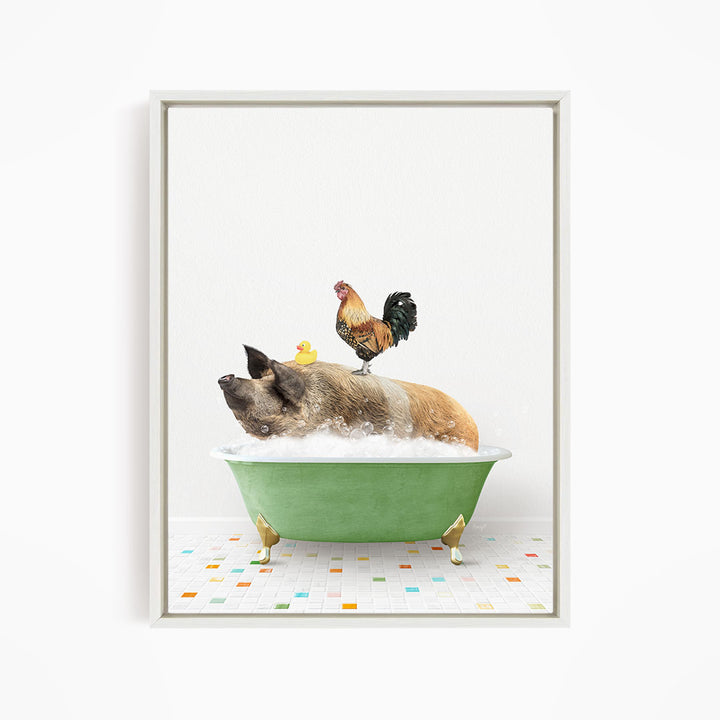 A pig is sitting in a green bathtub filled with bubbles, with a rooster perched on its back and a yellow rubber duck floating nearby.