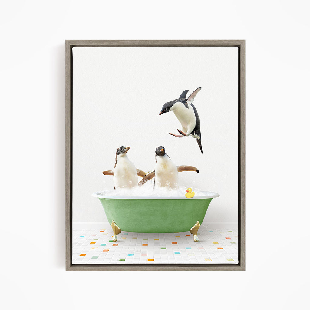 Penguins in Green Bathtub on Colored Tile – Amy Peterson Art