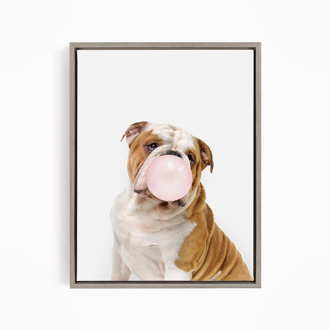 A brown and white bulldog is blowing a pink bubble with its mouth, creating a playful and adorable scene.