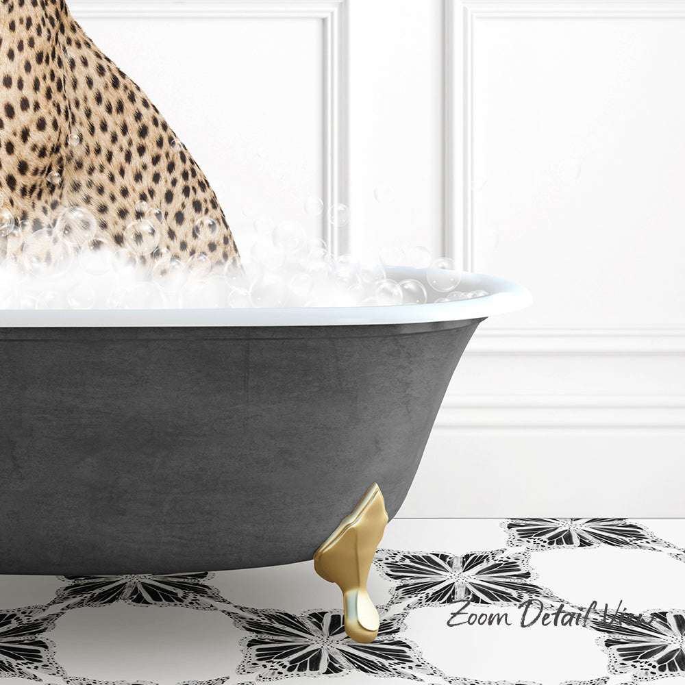 A leopard print bathtub filled with water and bubbles, with a gold bathtub leg visible.