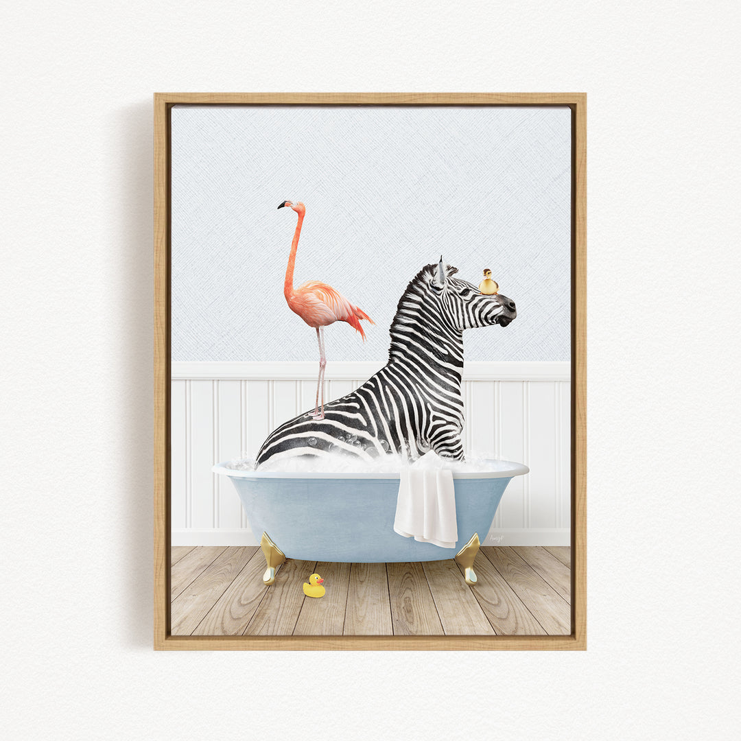 A framed illustration depicting a zebra sitting in a bathtub, with a flamingo standing on its back and a bird perched on its head.