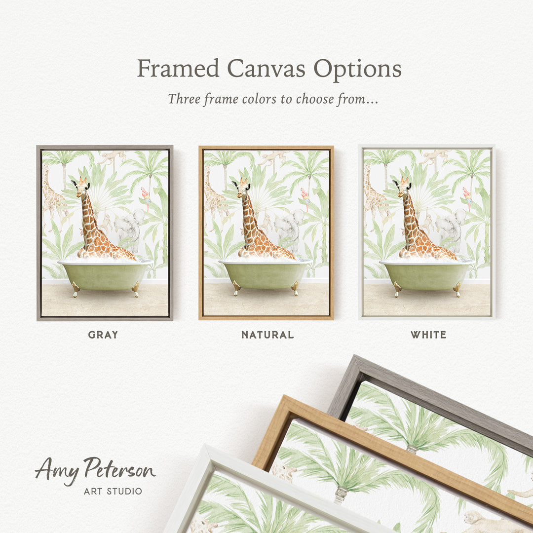 three framed canvas options featuring a giraffe in a bathtub, each with a different frame color: gray, natural, and white.