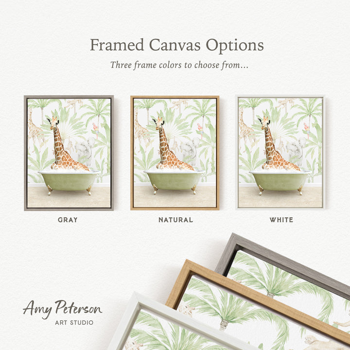 three framed canvas options featuring a giraffe in a bathtub, each with a different frame color: gray, natural, and white.
