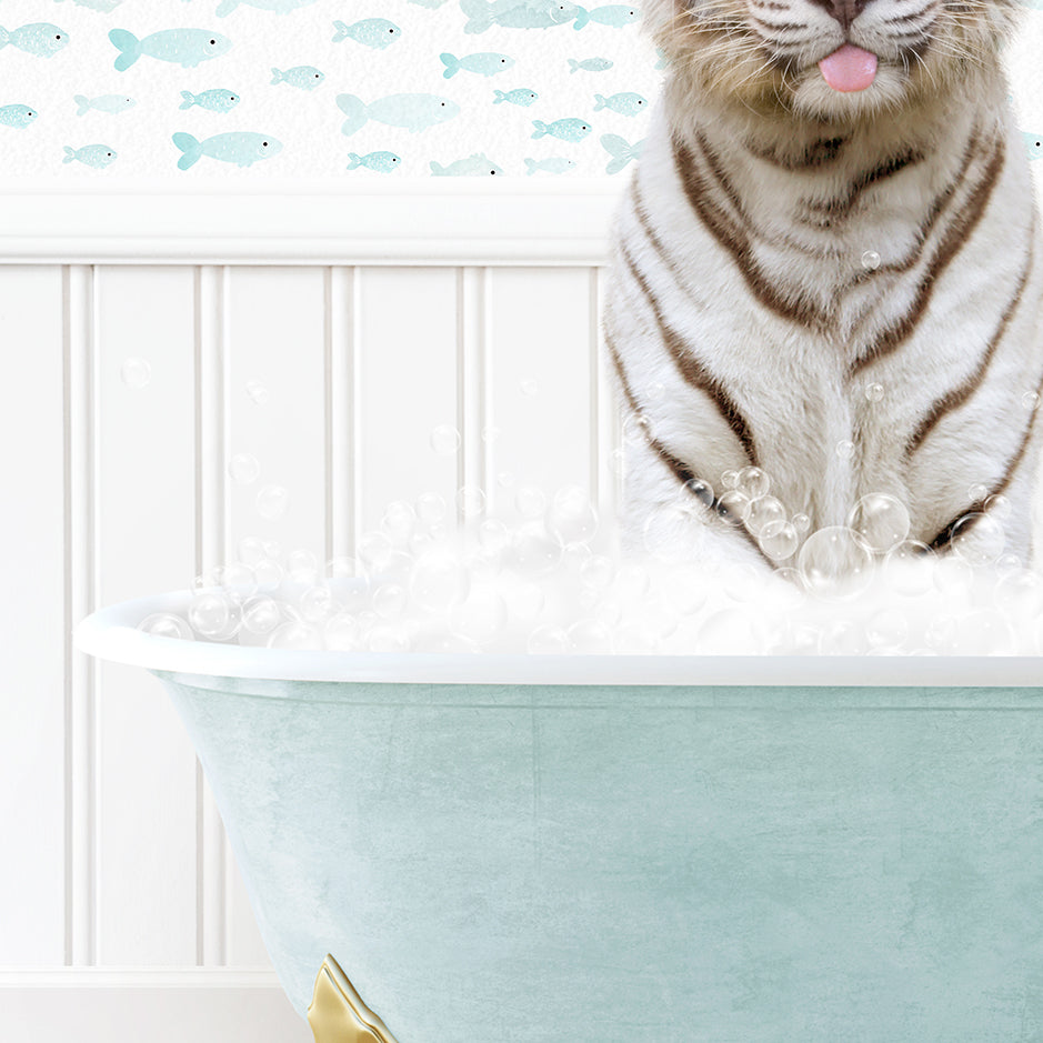 a white tiger sitting in a bathtub with bubbles