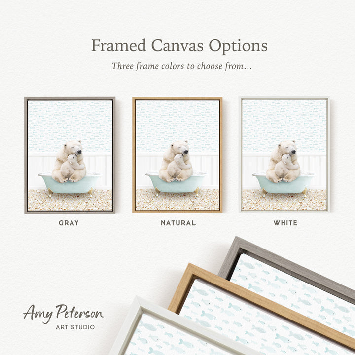 three framed canvas options, each featuring a different color: gray, natural, and white. The text above the images reads " framed Canvas Options" and "Three frame colors to choose from...". The bottom of the image includes the text " Amy Peterson ART STUDIO".