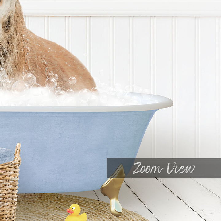 A dog is taking a bath in a blue tub, surrounded by rubber ducks and a basket.