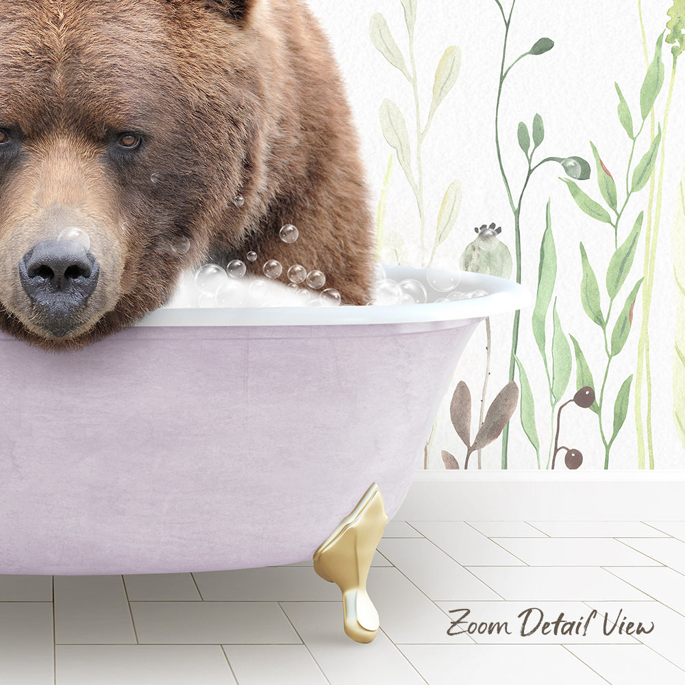 A brown bear is sitting in a pink bathtub filled with bubbles, with a plant-themed wallpaper in the background.
