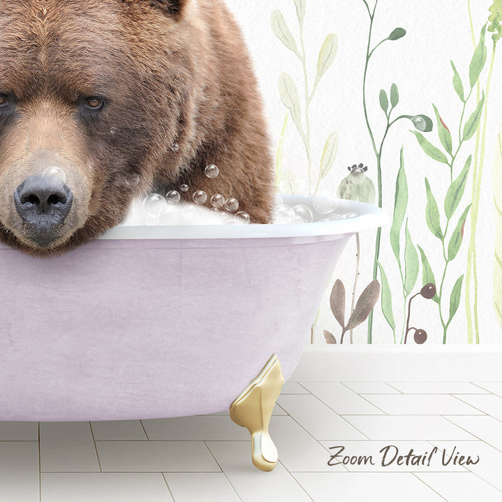 A brown bear is sitting in a pink bathtub filled with bubbles, with a plant-themed wallpaper in the background.