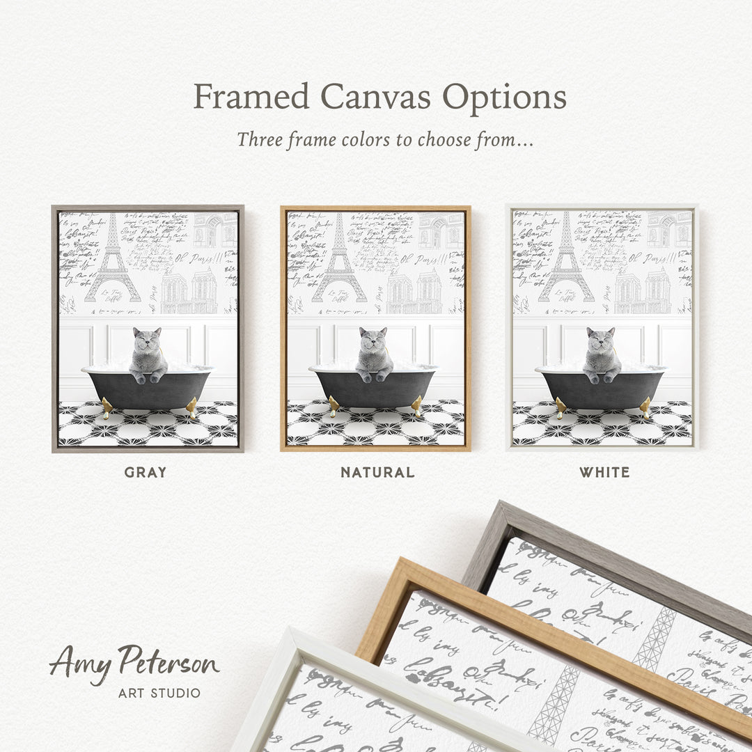 The image is a framed canvas option featuring three different color options for a black and white cat sitting in a bathtub.