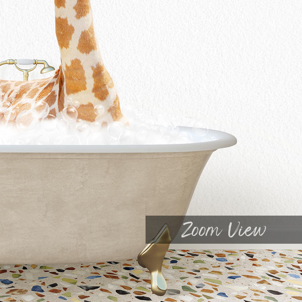 A giraffe standing in a bathtub filled with bubbles, with a text overlay that reads "Zoom View".