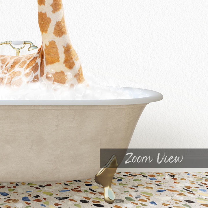 A giraffe standing in a bathtub filled with bubbles, with a text overlay that reads "Zoom View".