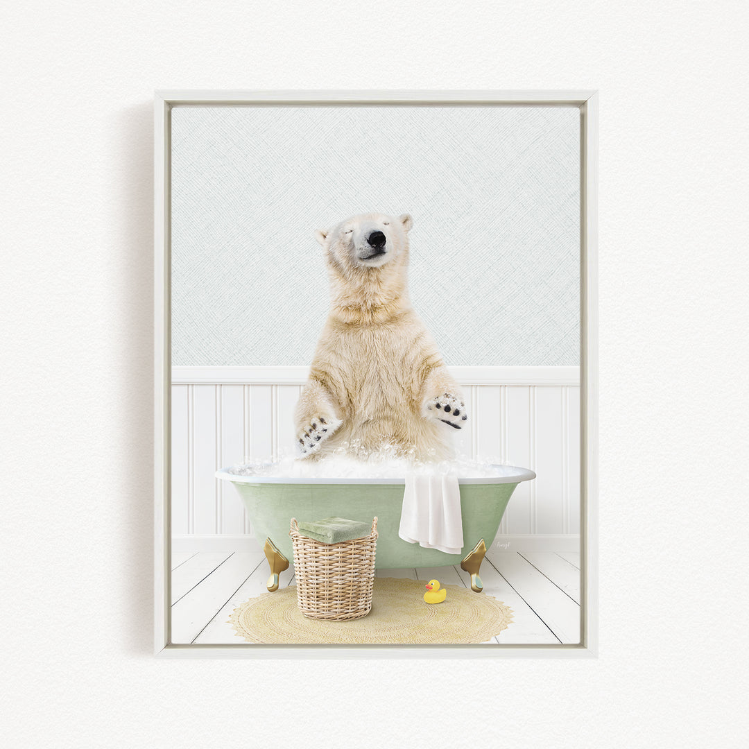 A polar bear standing in a green bathtub filled with water, surrounded by rubber ducks and a basket.