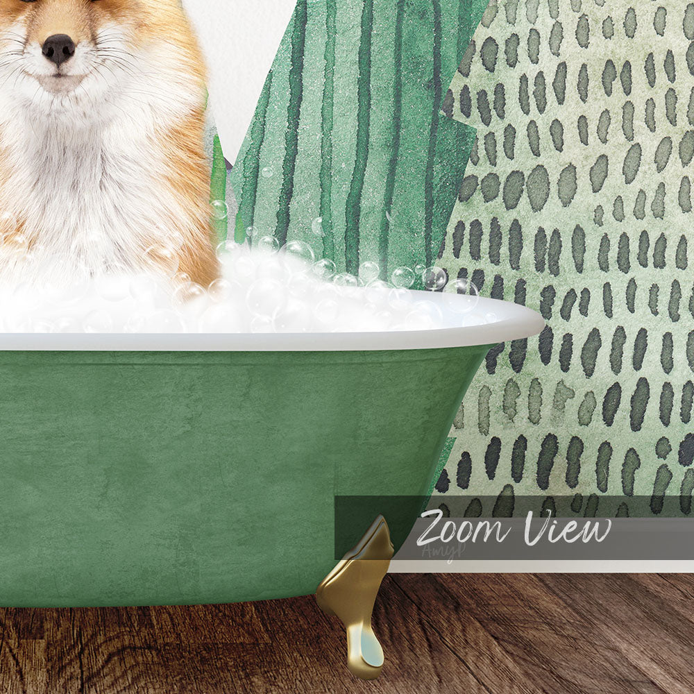 A fluffy dog is sitting in a green bathtub filled with bubbles, with a patterned wall in the background.