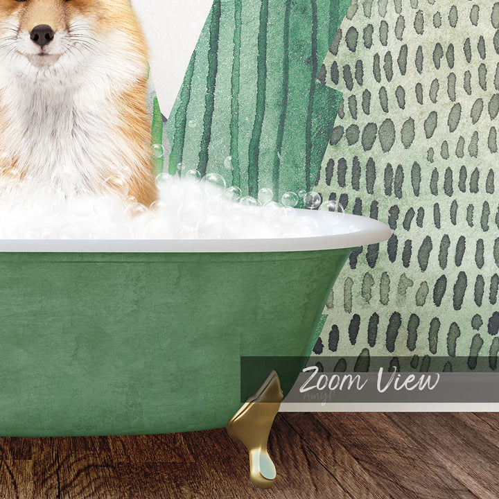 A fluffy dog is sitting in a green bathtub filled with bubbles, with a patterned wall in the background.