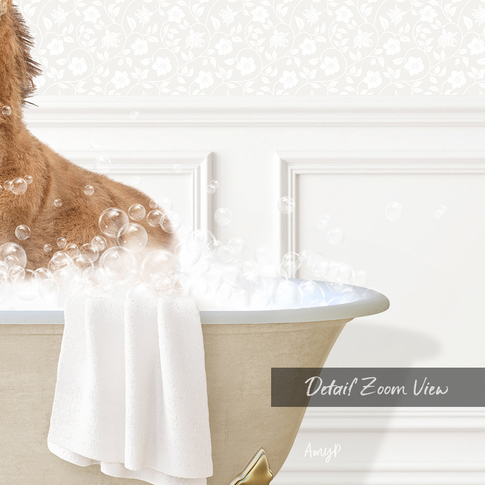 A dog is sitting in a bathtub filled with bubbles, with a towel hanging on the side.