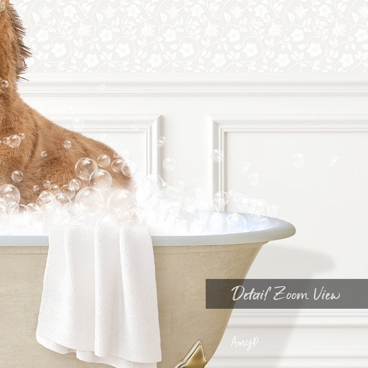 A dog is sitting in a bathtub filled with bubbles, with a towel hanging on the side.