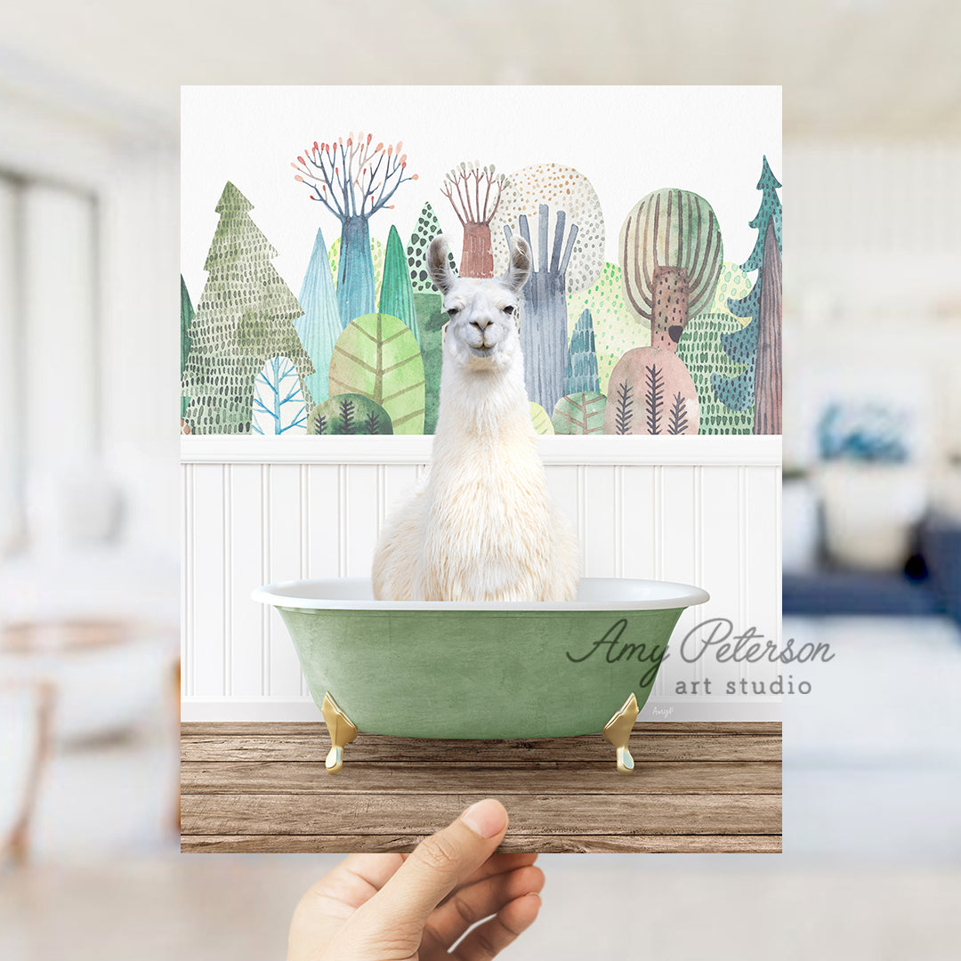 a llama sitting in a green bath tub