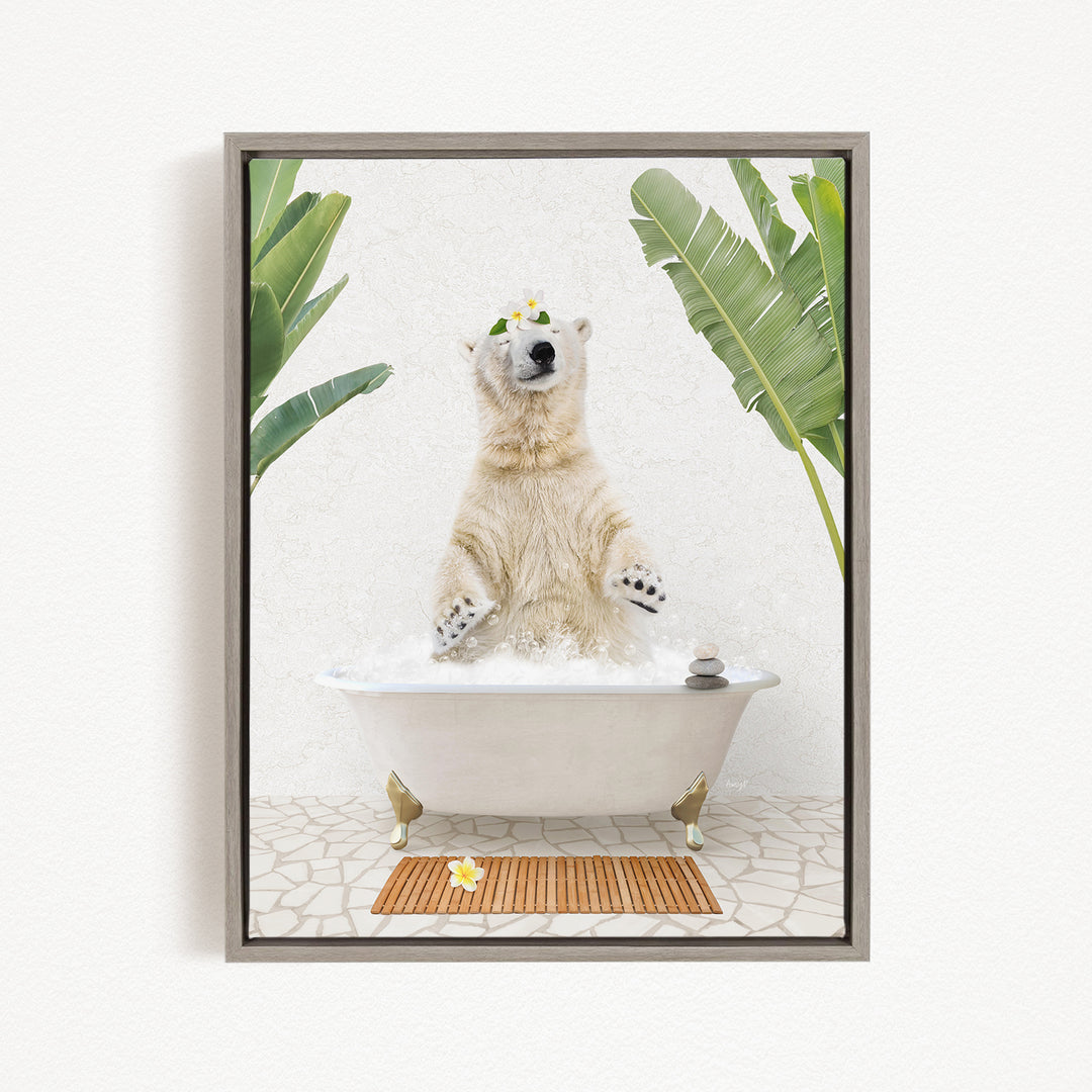 A polar bear sitting in a bathtub filled with bubbles, surrounded by tropical plants and a wooden mat on the floor.